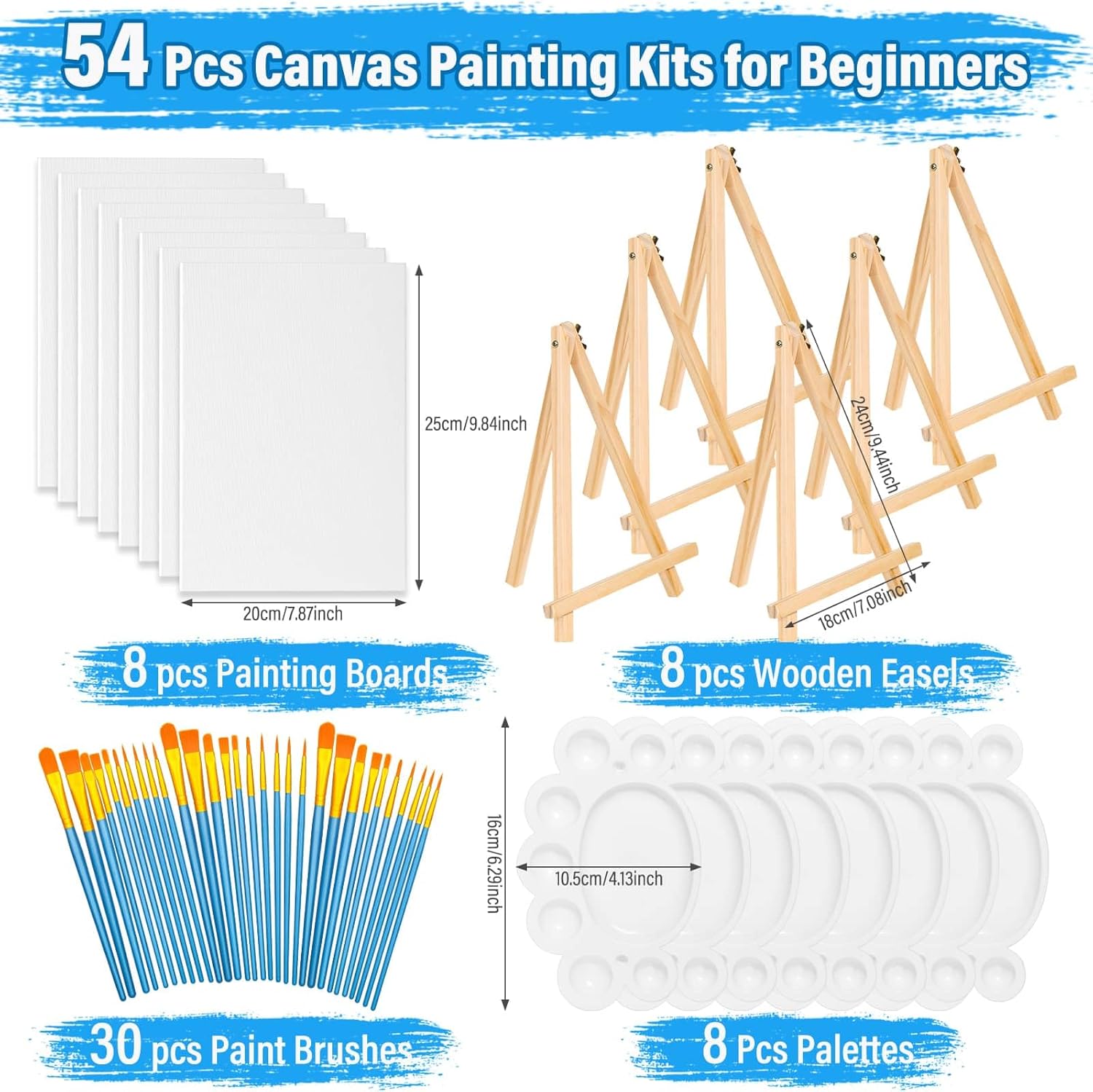 54 Pack Canvas with Easel Set 8 x 10 Inch Canvas Boards with Wooden Easels, Brushes Canvas Panel Kit for Beginners Art Crafts Sip and Party - Image 3